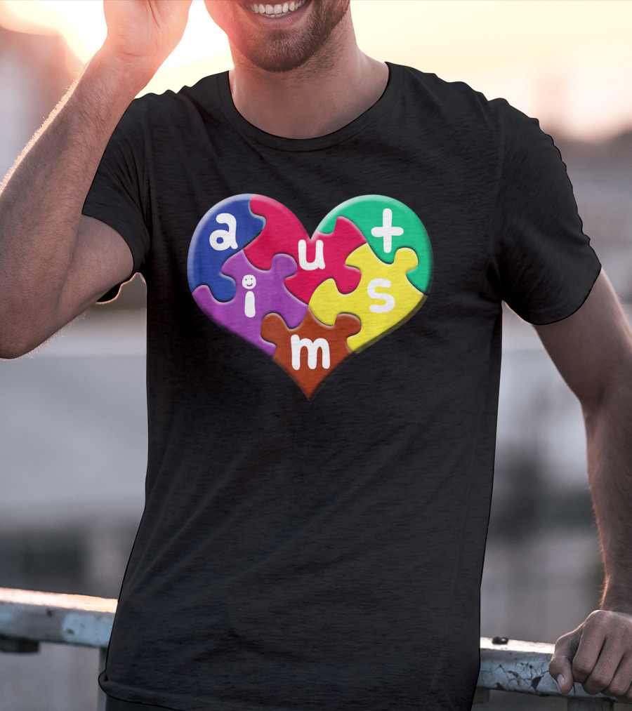 Autism Awareness Heart Puzzle Pieces Love Smile Colorful T-Shirt