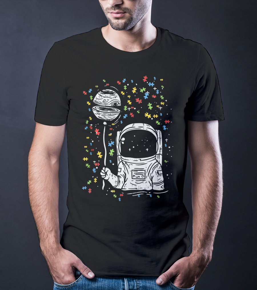 Astronaut Holding Planet Balloon With Puzzle Pieces For Autism Awareness T-Shirt