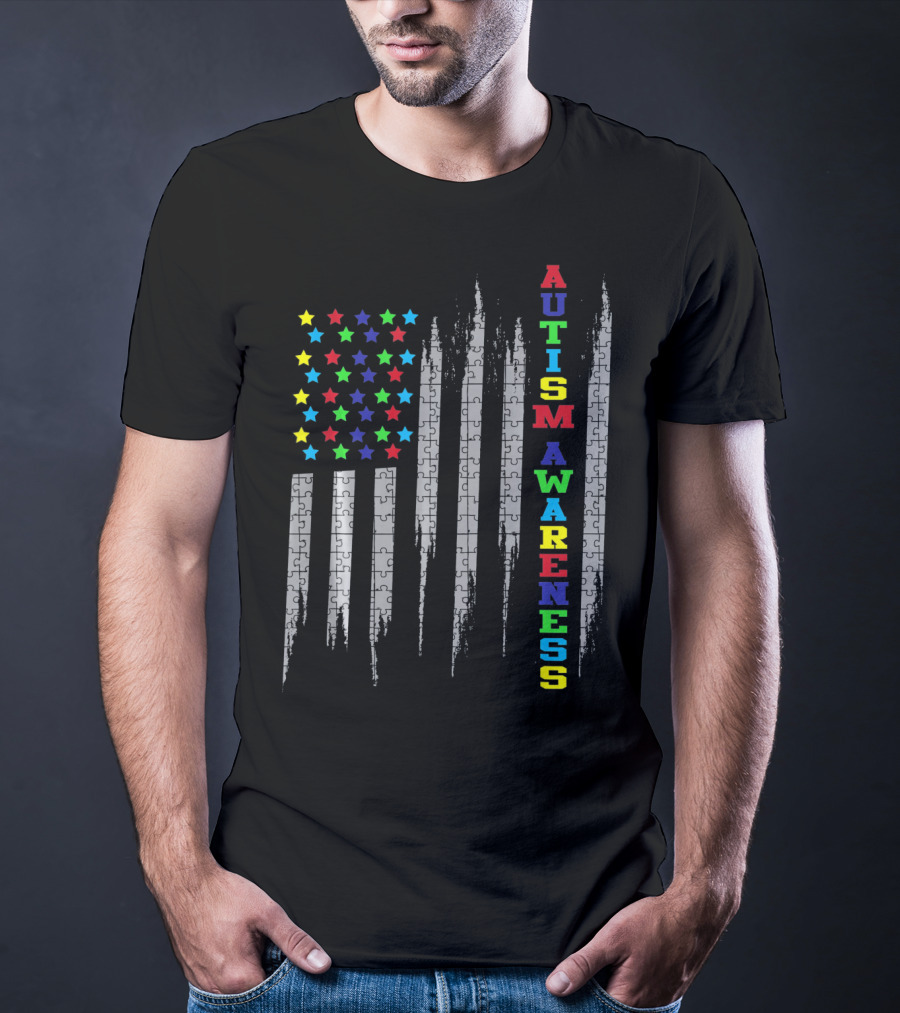 Autism Awareness Day USA Flag Puzzle Stars T-Shirt
