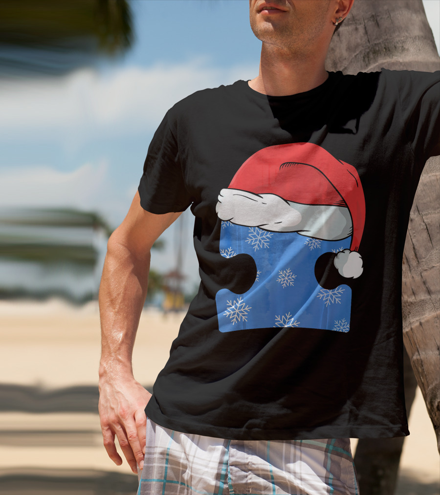Autism Awareness Puzzle Piece Blue Snowflake Santa Hat T-Shirt