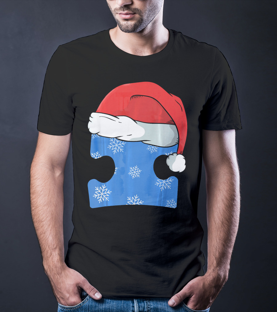 Autism Awareness Puzzle Piece Blue Snowflake Santa Hat T-Shirt