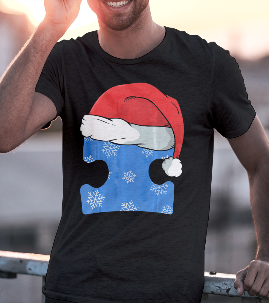 Autism Awareness Puzzle Piece Blue Snowflake Santa Hat T-Shirt