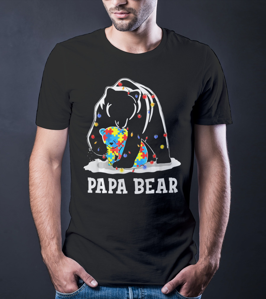 Papa Bear Puzzle Piece Autism Awareness Lights T-Shirt