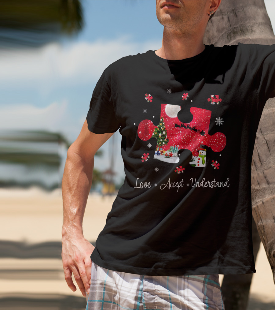 Love Accept Understand Autism Awareness Christmas Puzzle Snowman Santa Sleigh T-Shirt