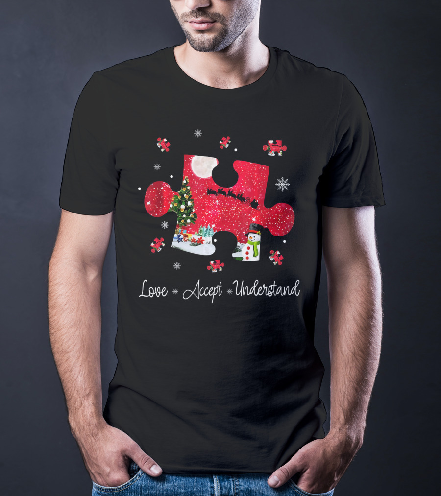 Love Accept Understand Autism Awareness Christmas Puzzle Snowman Santa Sleigh T-Shirt