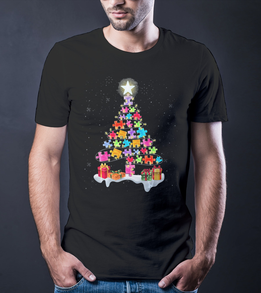 Autism Awareness Christmas Puzzle Piece Tree With Star And Gifts T-Shirt