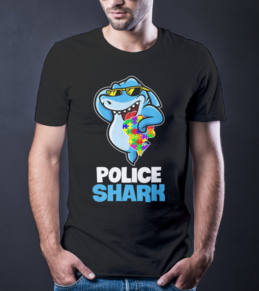 Police Shark Holding Autism Awareness Puzzle Heart T-Shirt