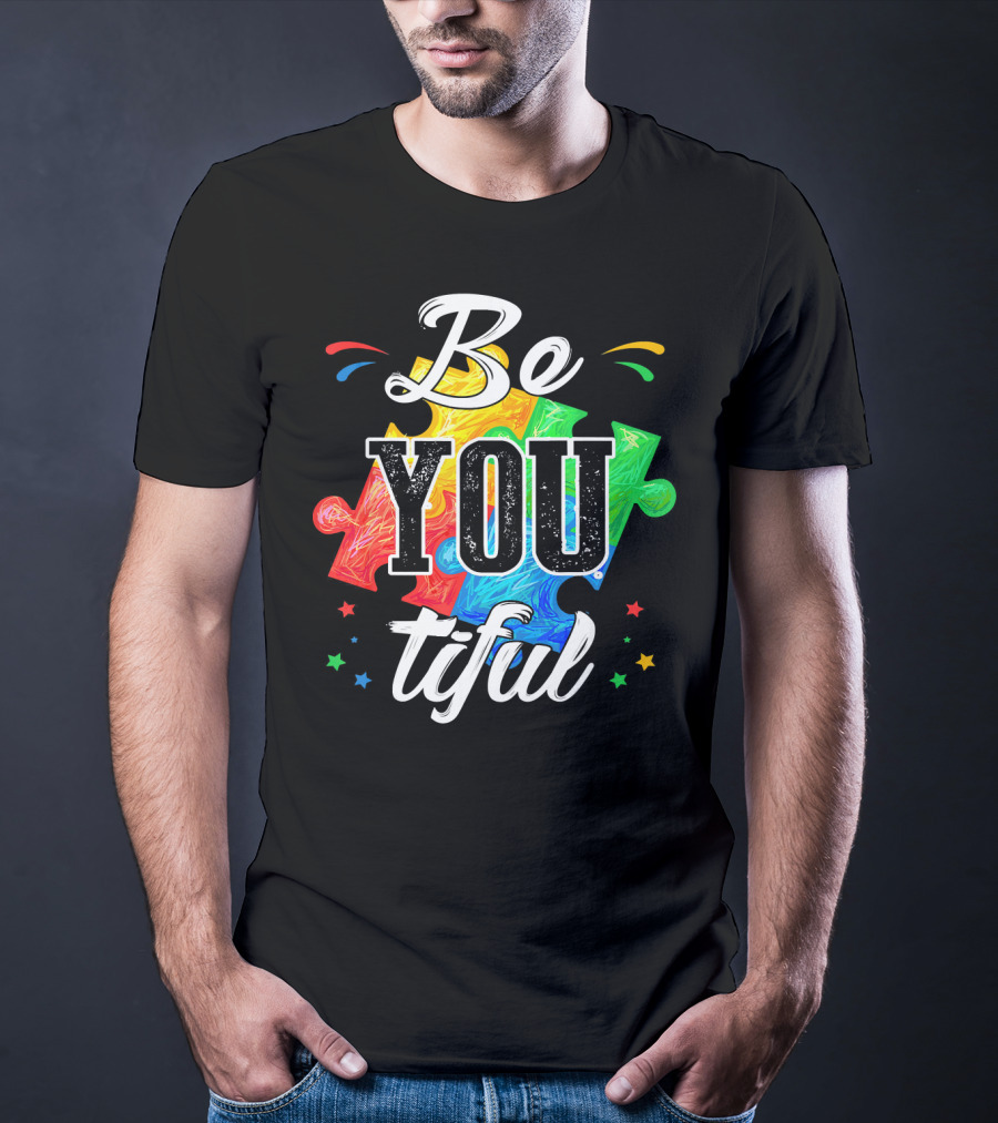 Be You Tiful Autism Awareness Colorful Puzzle Pieces With Stars T-Shirt