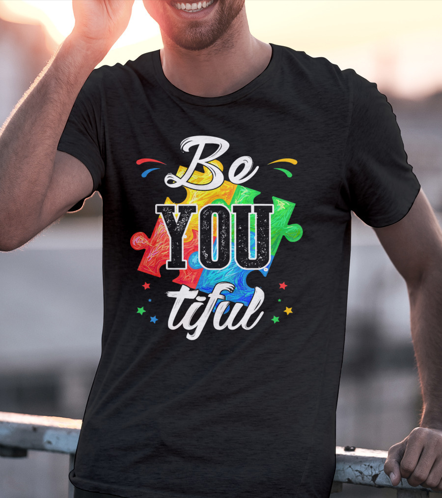 Be You Tiful Autism Awareness Colorful Puzzle Pieces With Stars T-Shirt