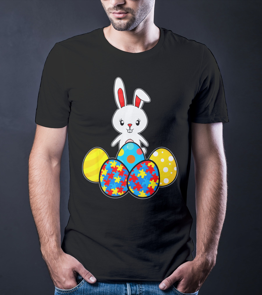Easter Bunny With Autism Awareness Puzzle Pattern Eggs T-Shirt