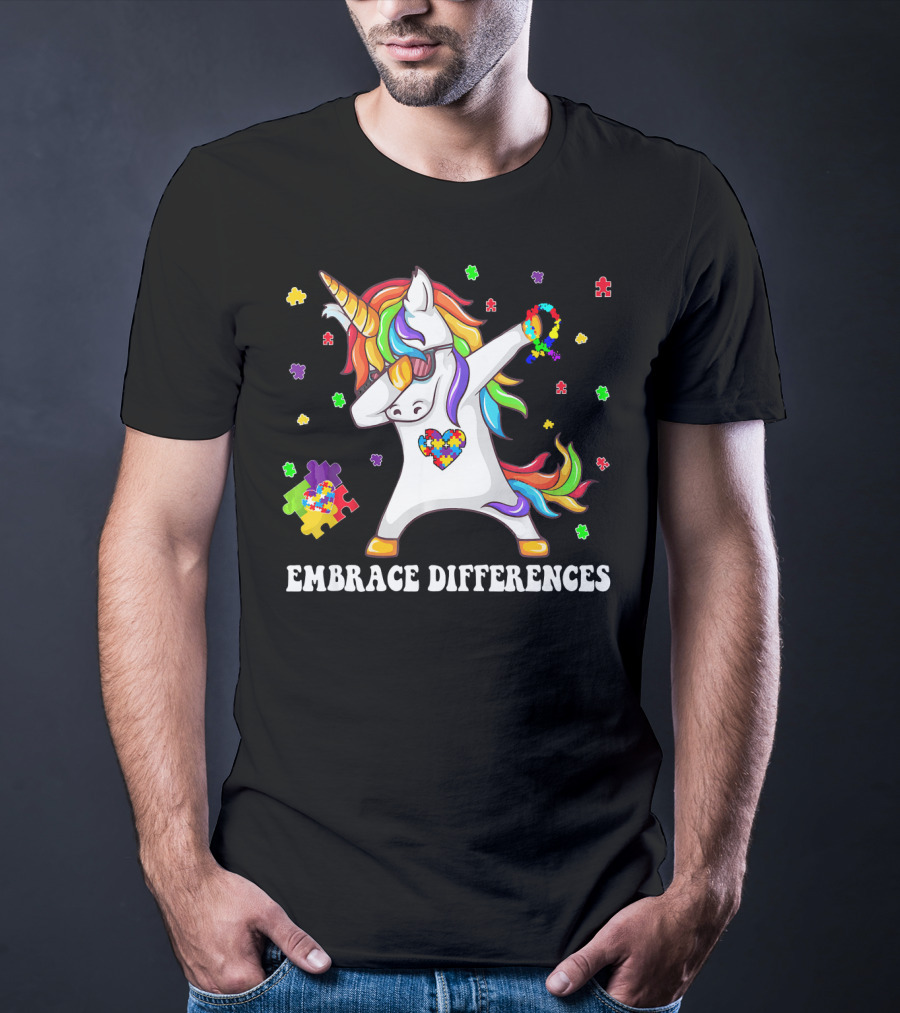 Embrace Differences Unicorn Autism Aware Puzzle Pieces T-Shirt