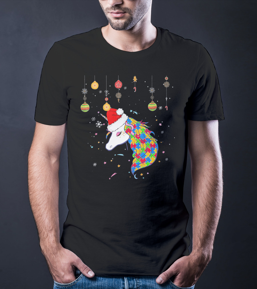 Christmas Unicorn Santa Hat Autism Puzzle T-Shirt