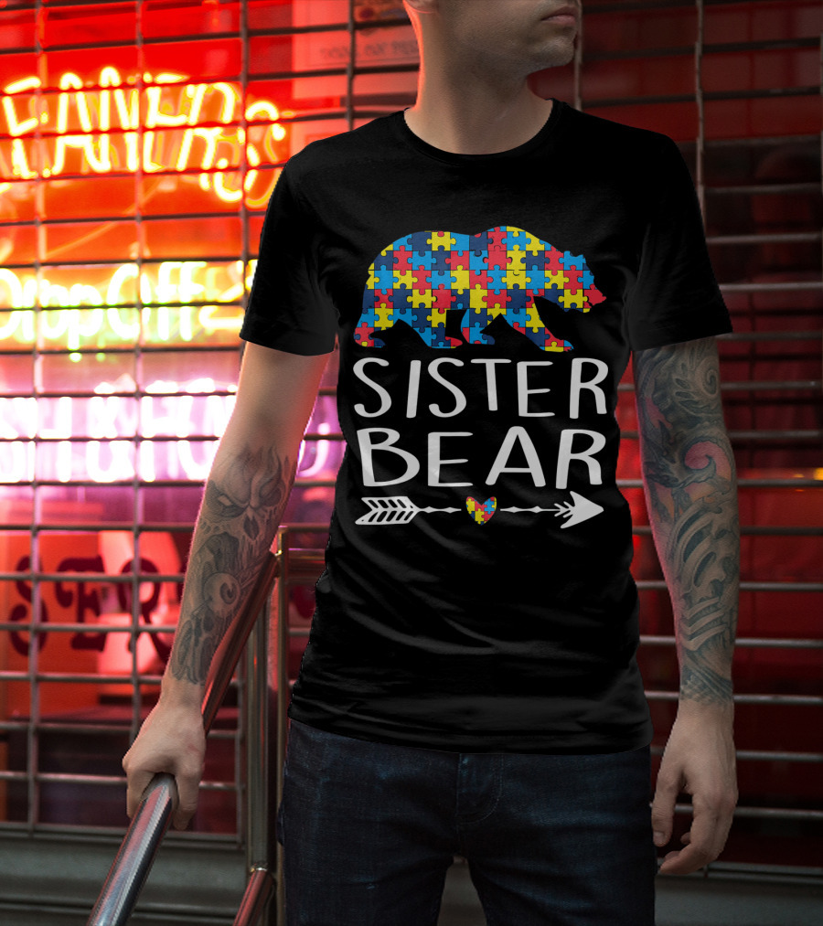 Sister Bear Autism Heart Puzzle Arrow T-Shirt