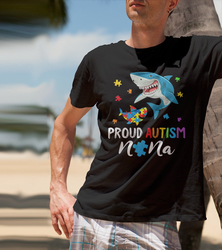 Proud Autism Nana Shark With Colorful Puzzle Pieces T-Shirt
