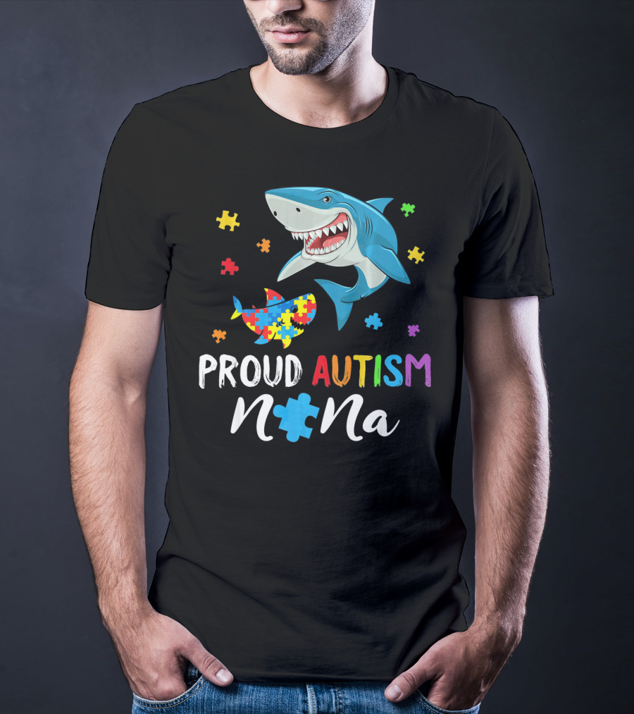 Proud Autism Nana Shark With Colorful Puzzle Pieces T-Shirt