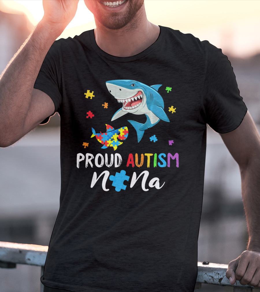 Proud Autism Nana Shark With Colorful Puzzle Pieces T-Shirt