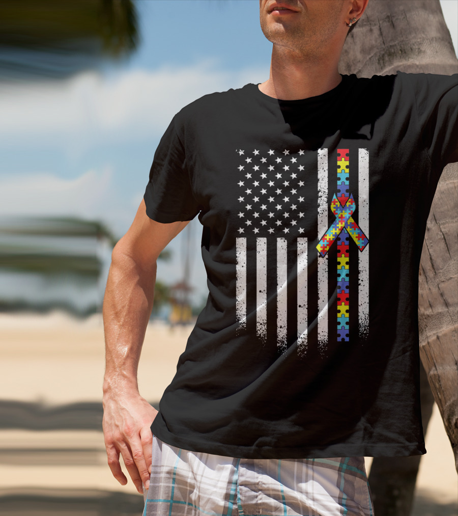 Autism Awareness American Flag With Puzzle Piece T-Shirt