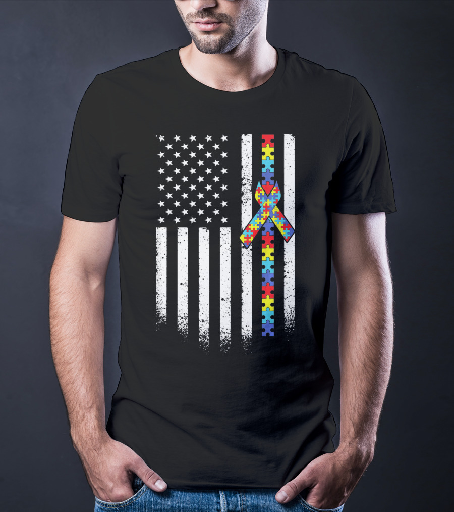 Autism Awareness American Flag With Puzzle Piece T-Shirt