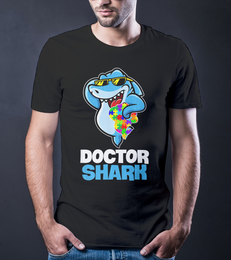 Doctor Shark Sunglasses Holding Autism Puzzle Heart T-Shirt