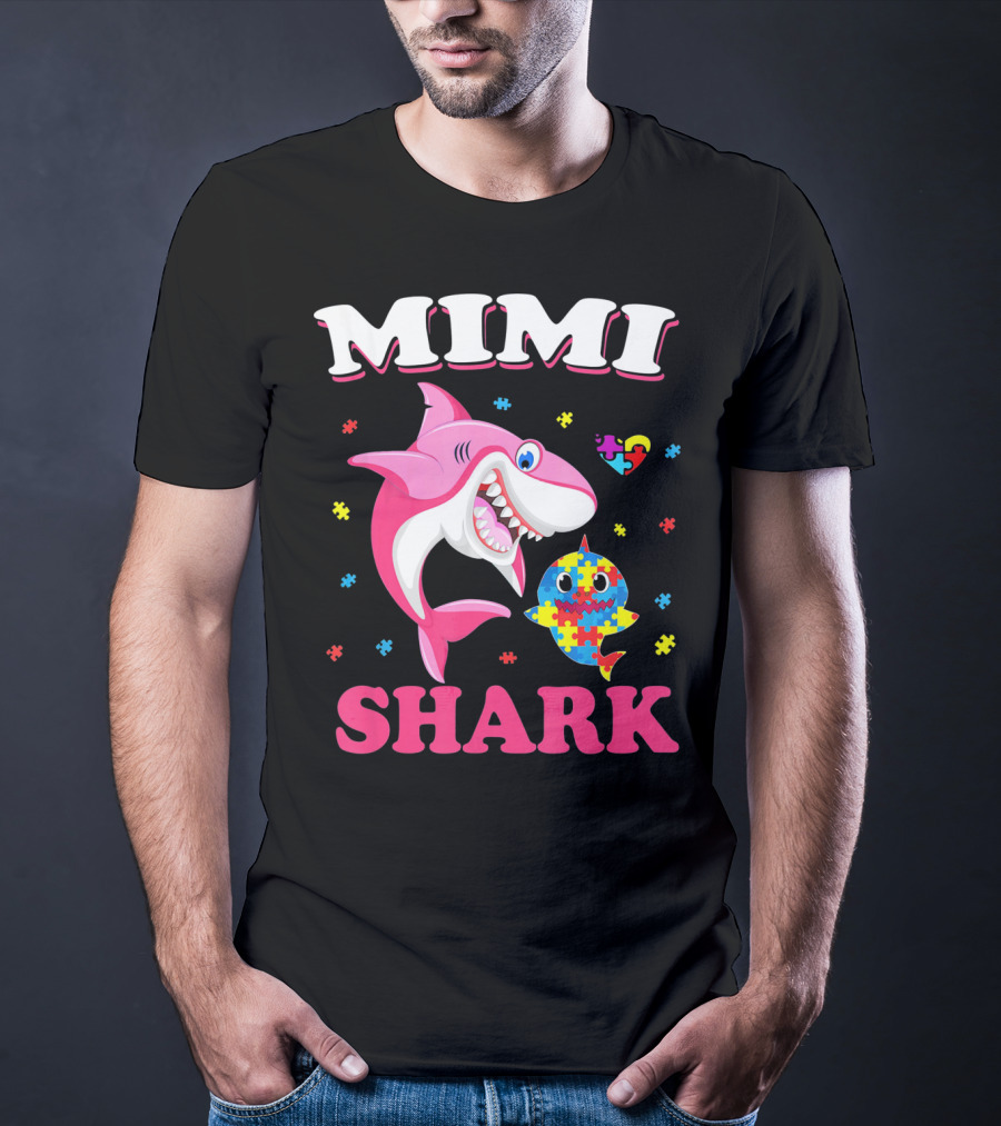 Mimi Shark Autism Awareness Puzzle Heart Colorful Sharks T-Shirt