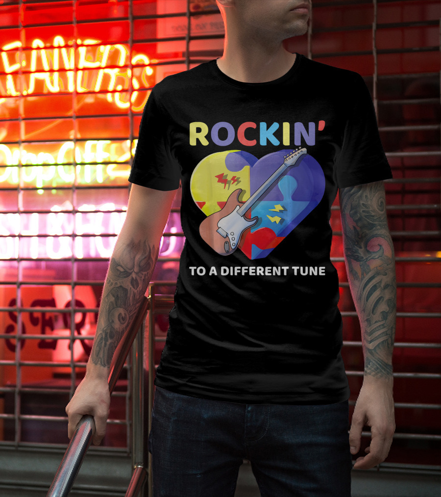 Rockin' To A Different Tune Autism Awareness Guitar Heart Puzzle T-Shirt