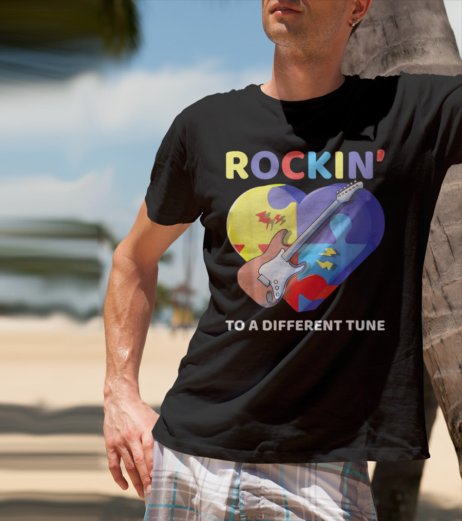 Rockin' To A Different Tune Autism Awareness Guitar Heart Puzzle T-Shirt