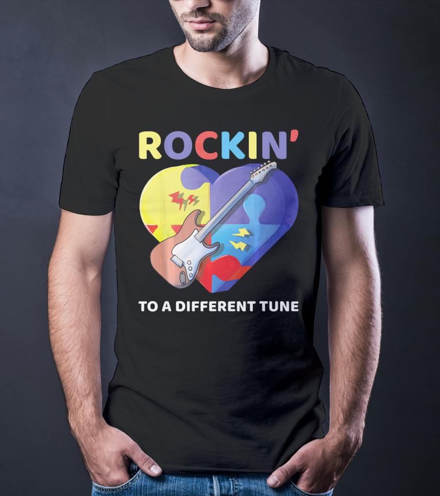 Rockin' To A Different Tune Autism Awareness Guitar Heart Puzzle T-Shirt