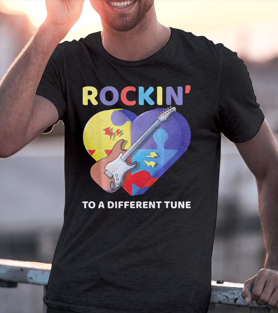 Rockin' To A Different Tune Autism Awareness Guitar Heart Puzzle T-Shirt