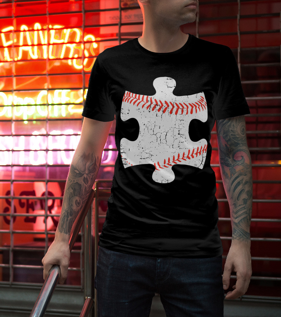Baseball Stitch Puzzle Piece Autism Awareness T-Shirt