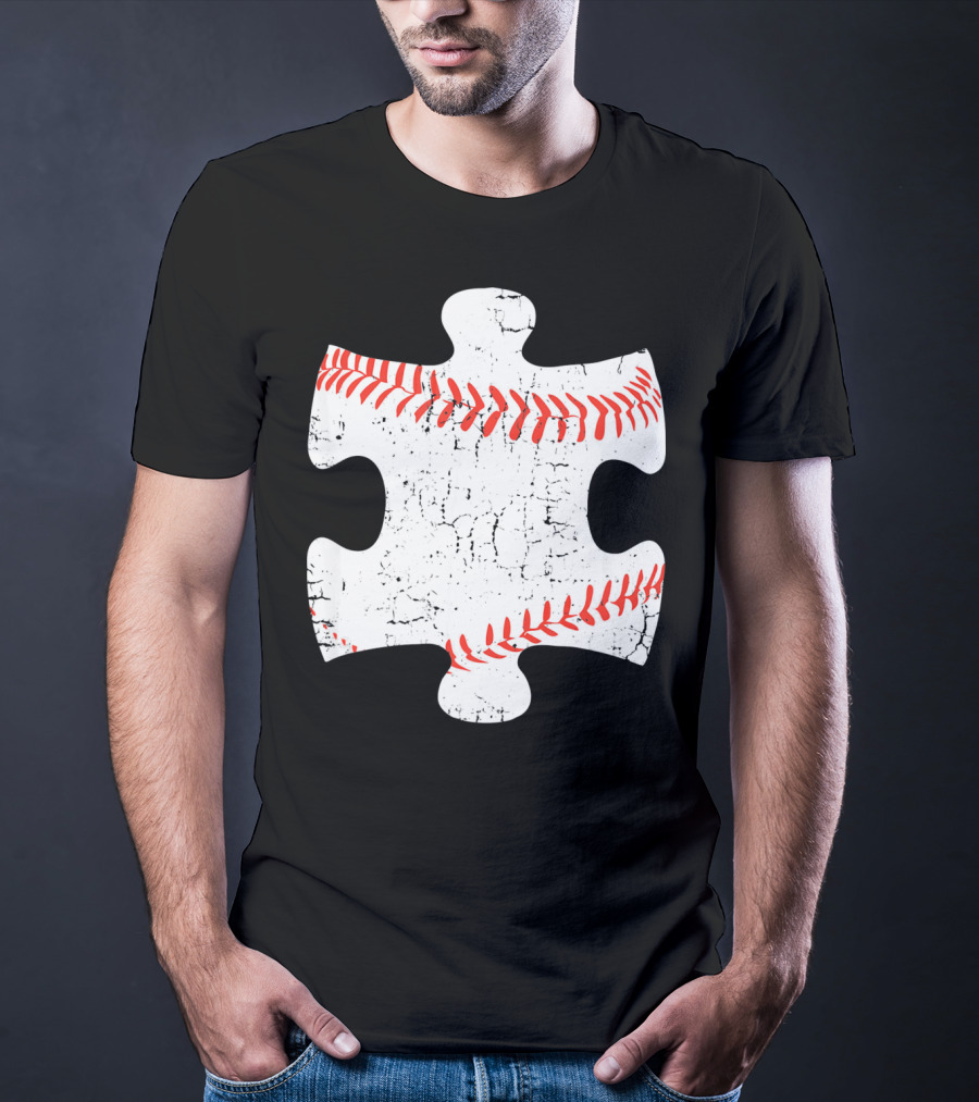 Baseball Stitch Puzzle Piece Autism Awareness T-Shirt