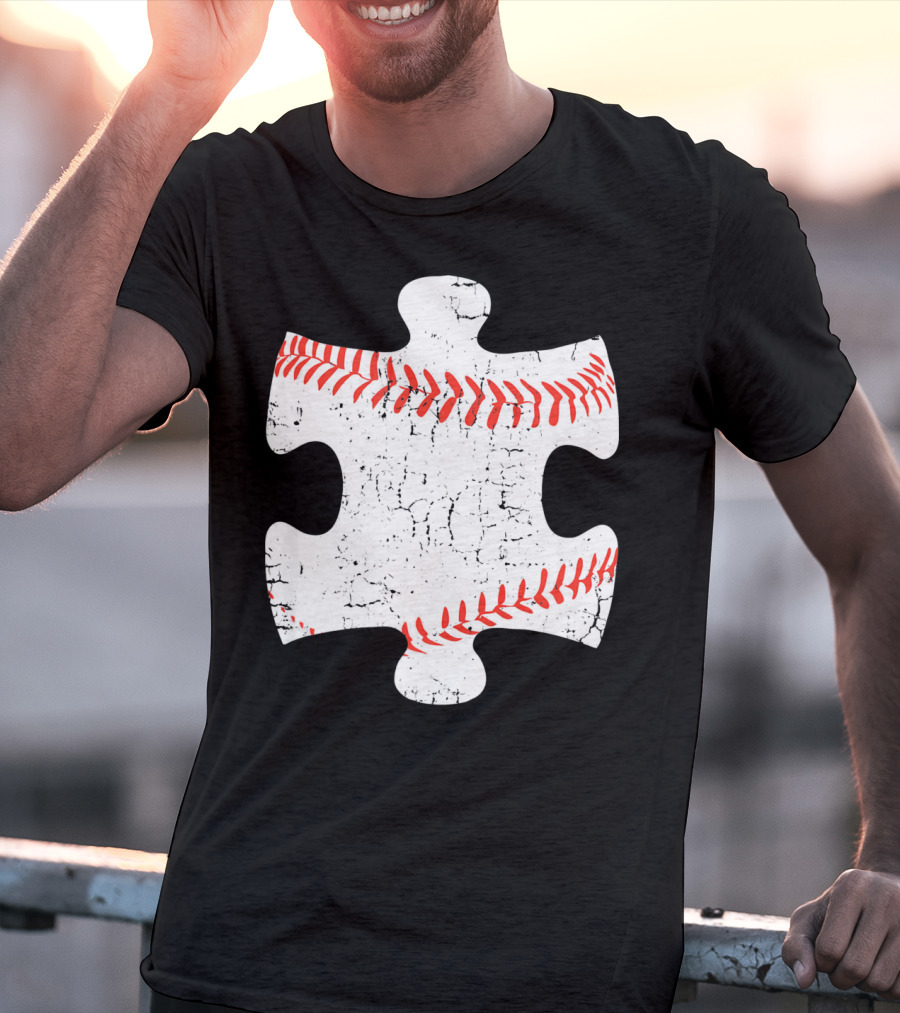 Baseball Stitch Puzzle Piece Autism Awareness T-Shirt