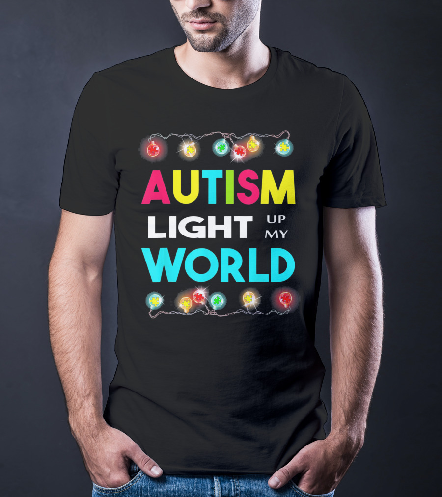 Autism Light Up My World Autism Awareness Puzzle String Lights T-Shirt