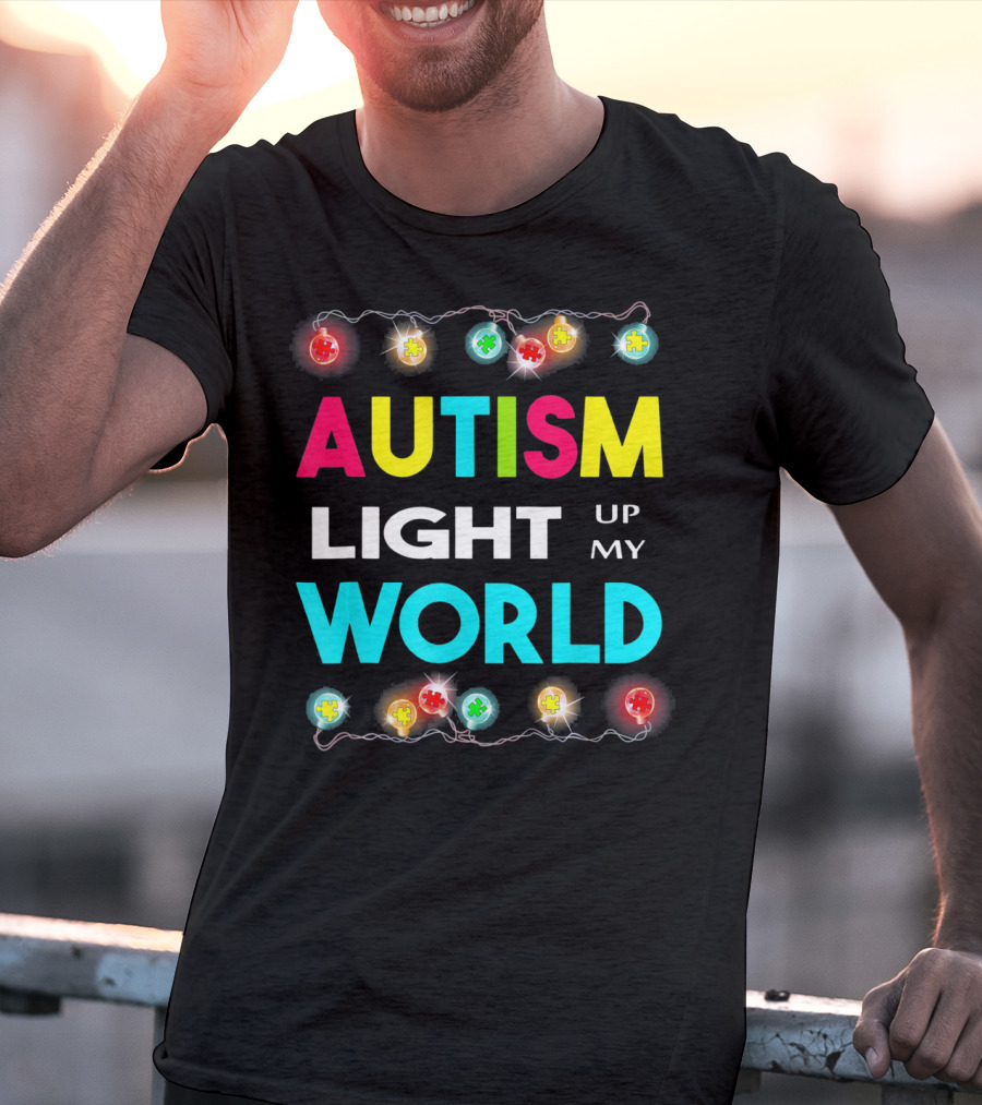 Autism Light Up My World Autism Awareness Puzzle String Lights T-Shirt