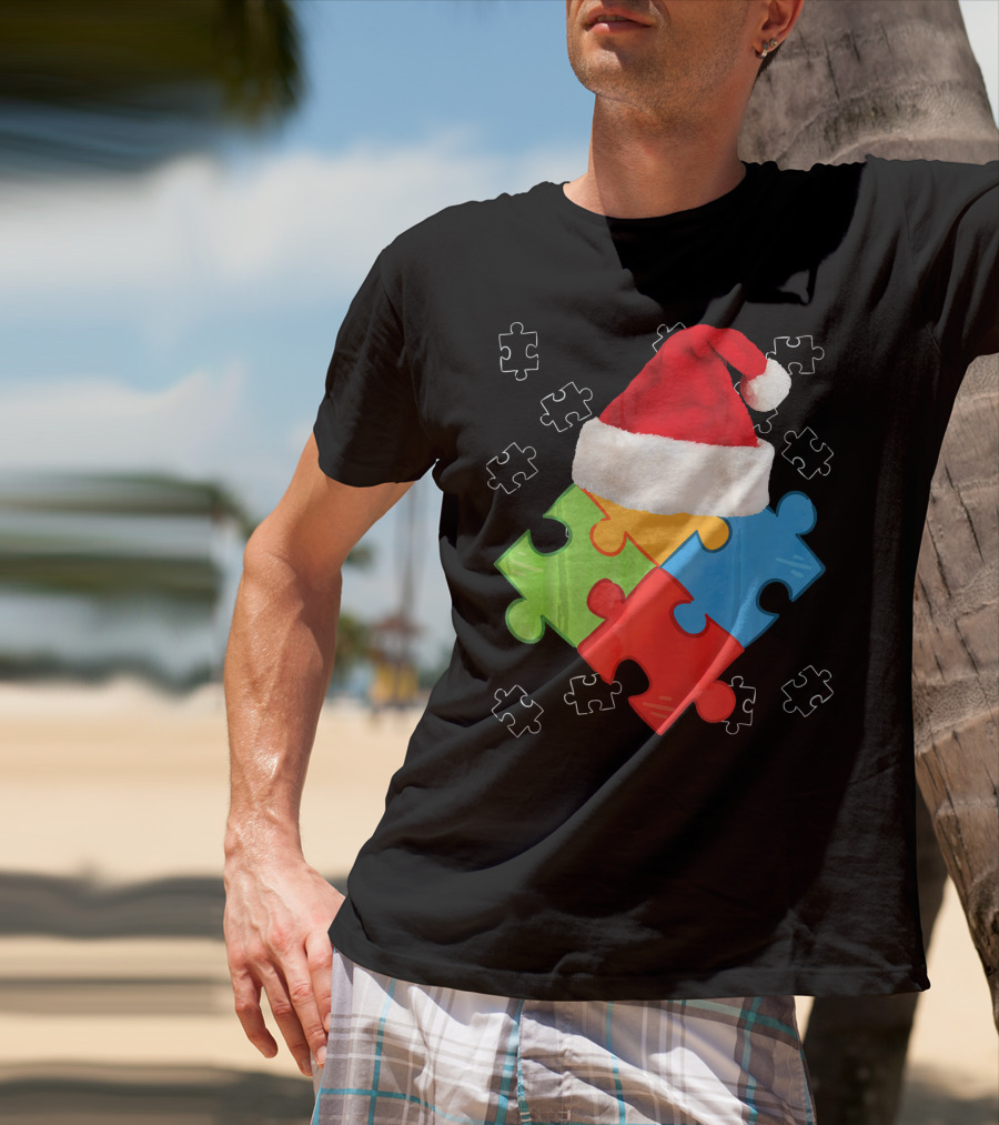Autism Puzzle Pieces With Santa Hat Holiday T-Shirt