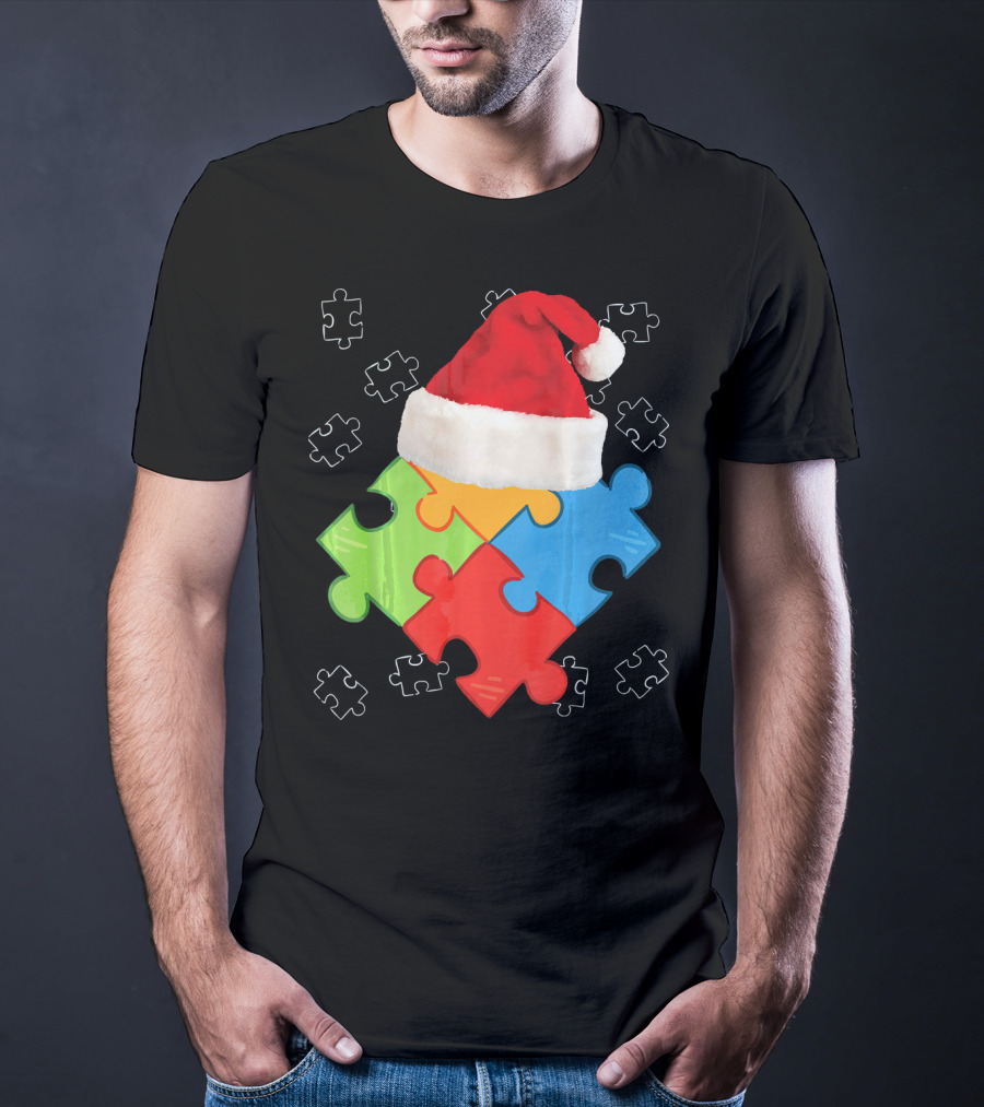 Autism Puzzle Pieces With Santa Hat Holiday T-Shirt