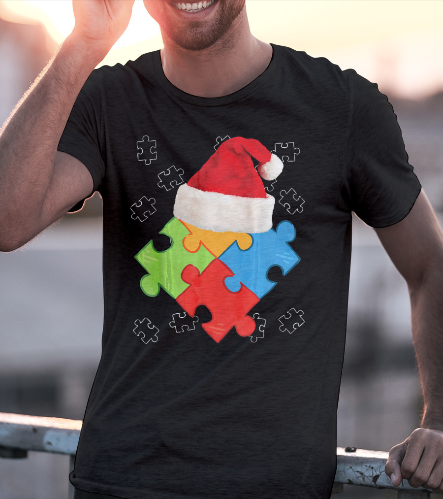 Autism Puzzle Pieces With Santa Hat Holiday T-Shirt