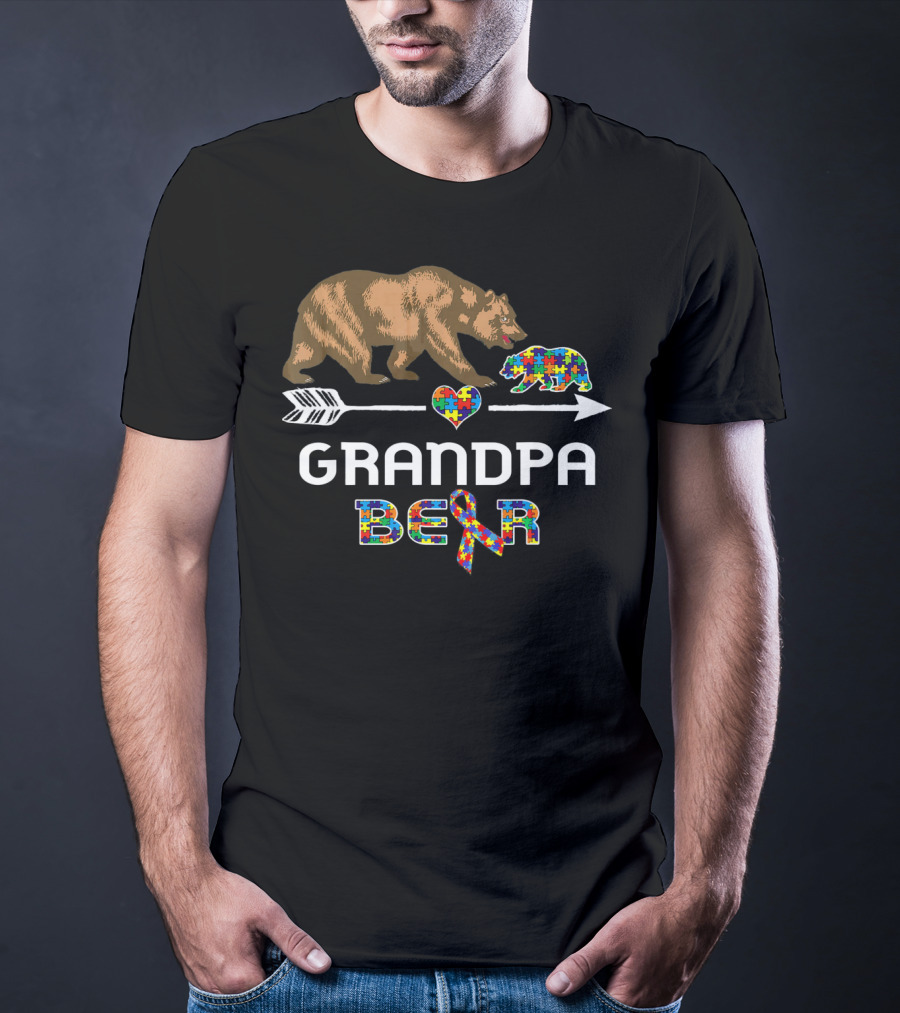 Grandpa Bear Autism Awareness Puzzle Heart And Ribbon T-Shirt