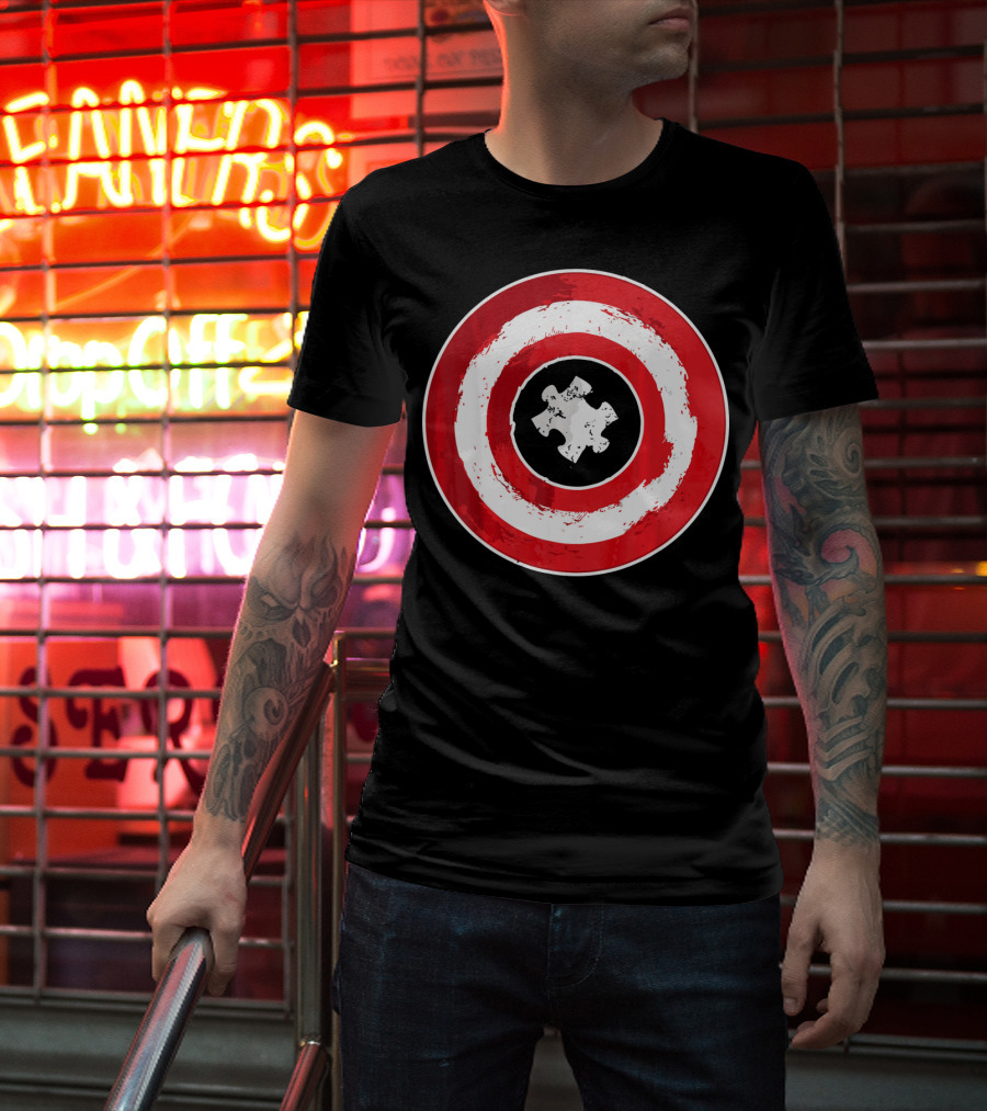 Autism Awareness Day Superhero Puzzle Piece Shield T-Shirt