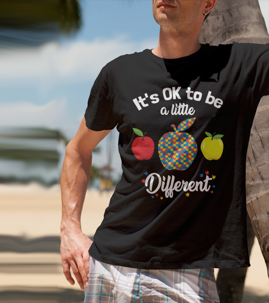 It's OK To Be A Little Different Apple Teacher Aut Puzzle Pattern Red Yellow T-Shirt