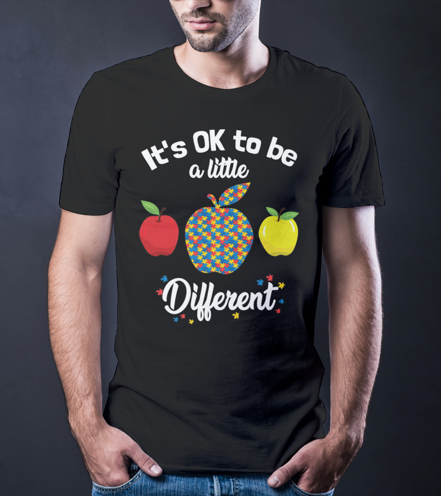 It's OK To Be A Little Different Apple Teacher Aut Puzzle Pattern Red Yellow T-Shirt