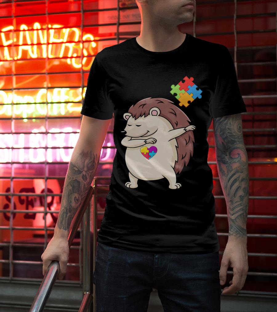 Hedgehog Dabbing With Puzzle Pieces Heart Autism Awareness T-Shirt