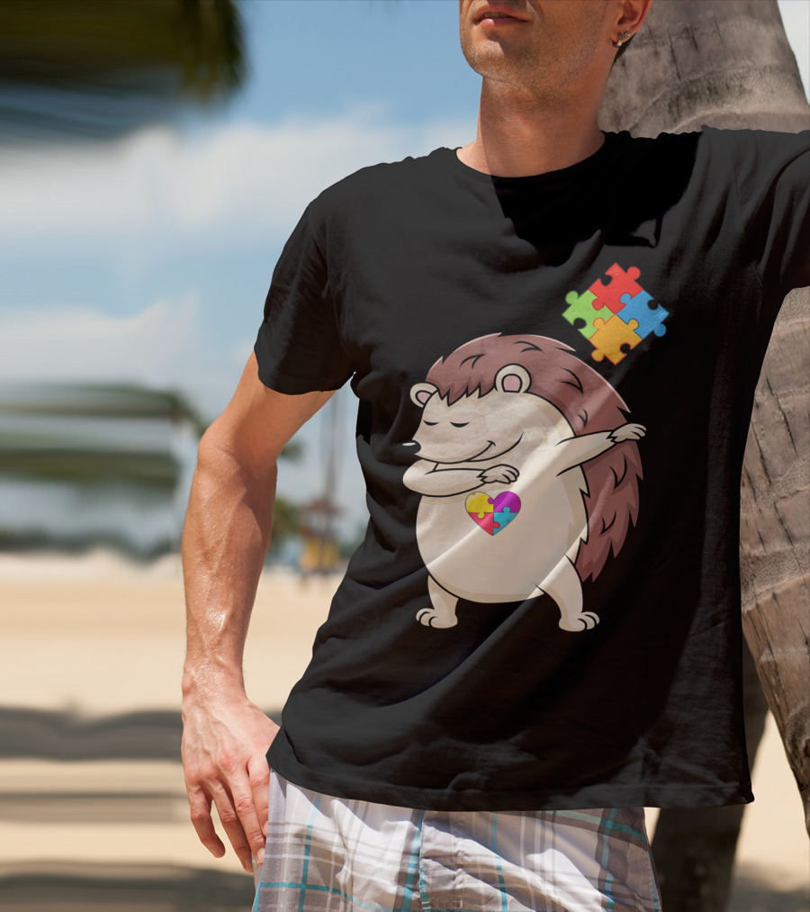 Hedgehog Dabbing With Puzzle Pieces Heart Autism Awareness T-Shirt
