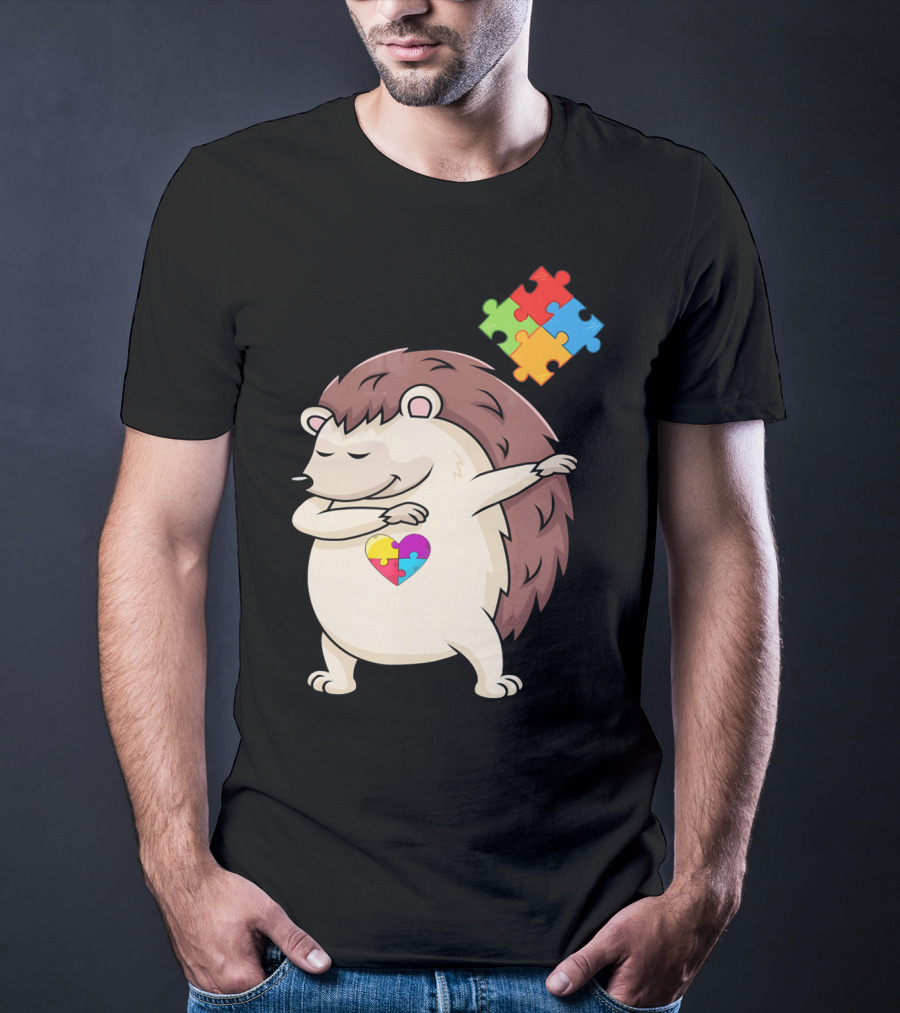 Hedgehog Dabbing With Puzzle Pieces Heart Autism Awareness T-Shirt