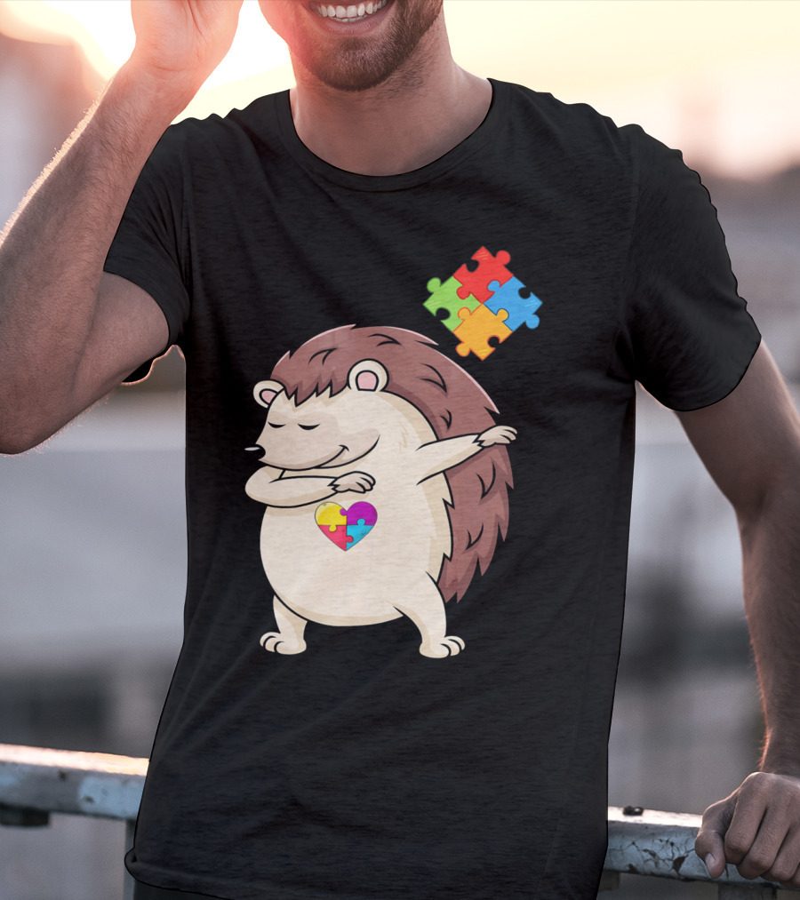 Hedgehog Dabbing With Puzzle Pieces Heart Autism Awareness T-Shirt