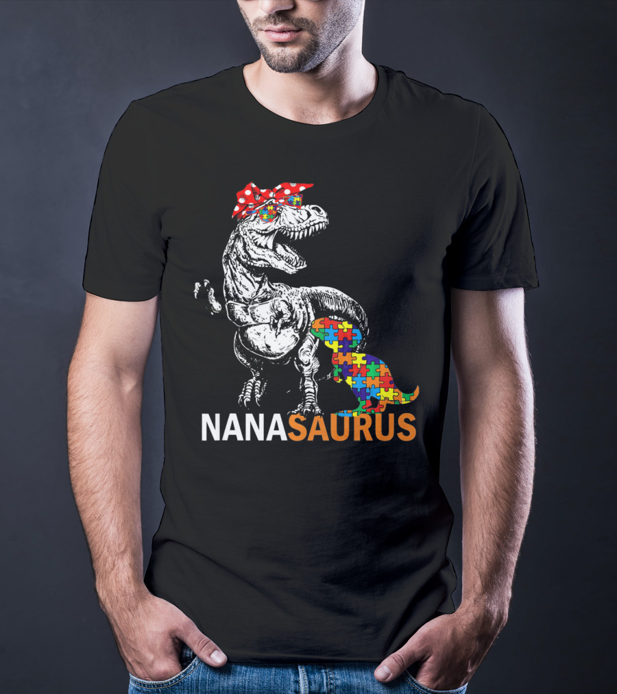 Nana Saurus Auntsaurus Autism Dinosaur Puzzle Piece Bandana T-Shirt