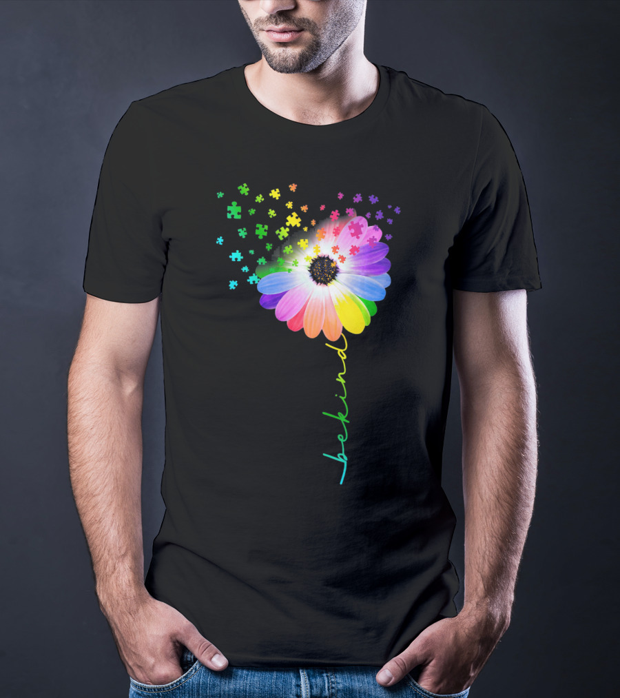 Flower Daisy Dandelion Be Kind Rainbow Puzzle Autism Awareness T-Shirt