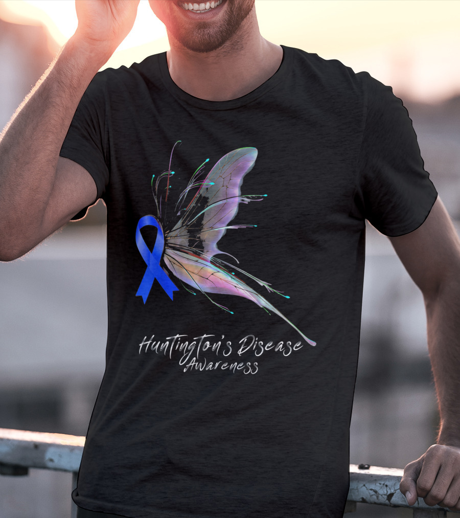 Huntington's Disease Awareness Blue Ribbon Butterfly T-Shirt