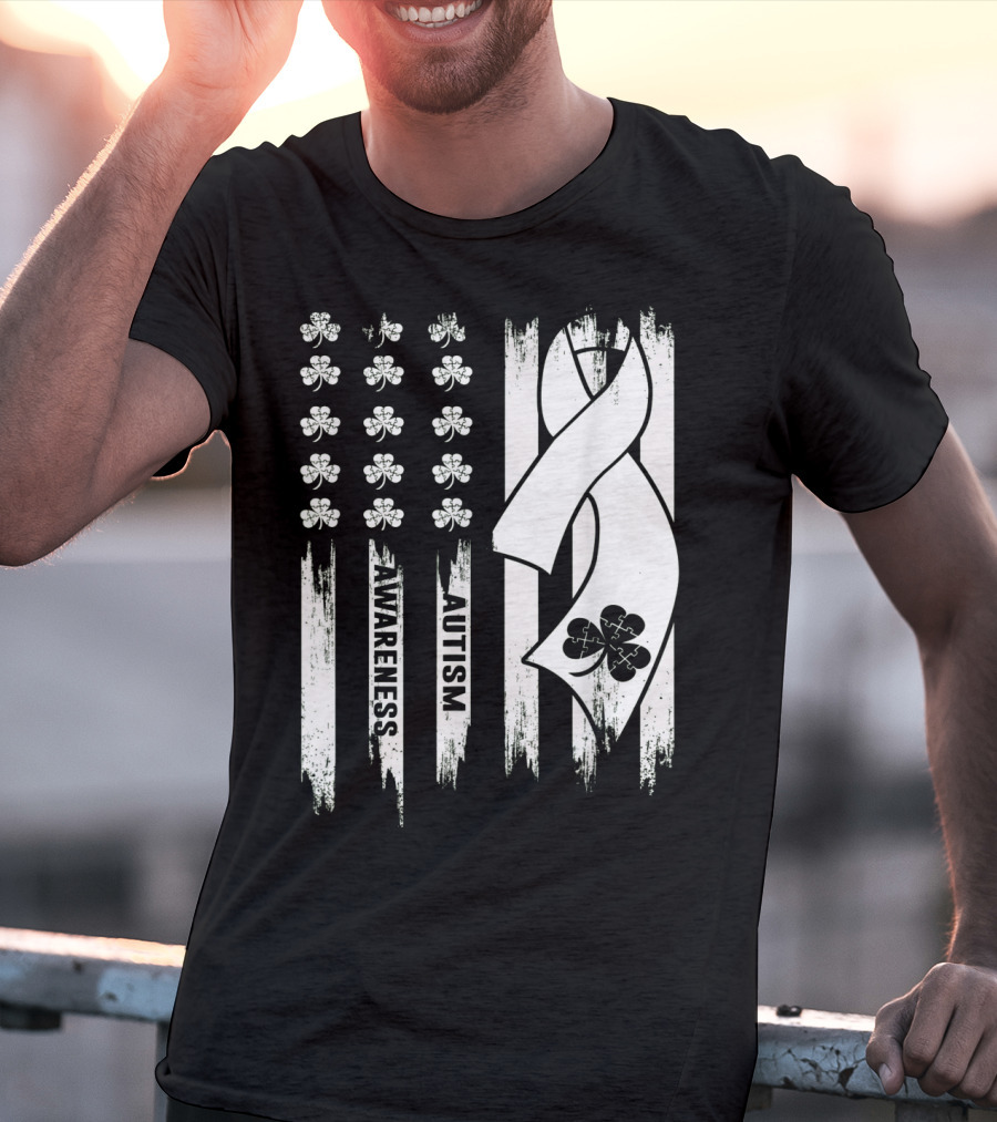 Autism Awareness Ribbon Patrick's Day American Flag Clover T-Shirt