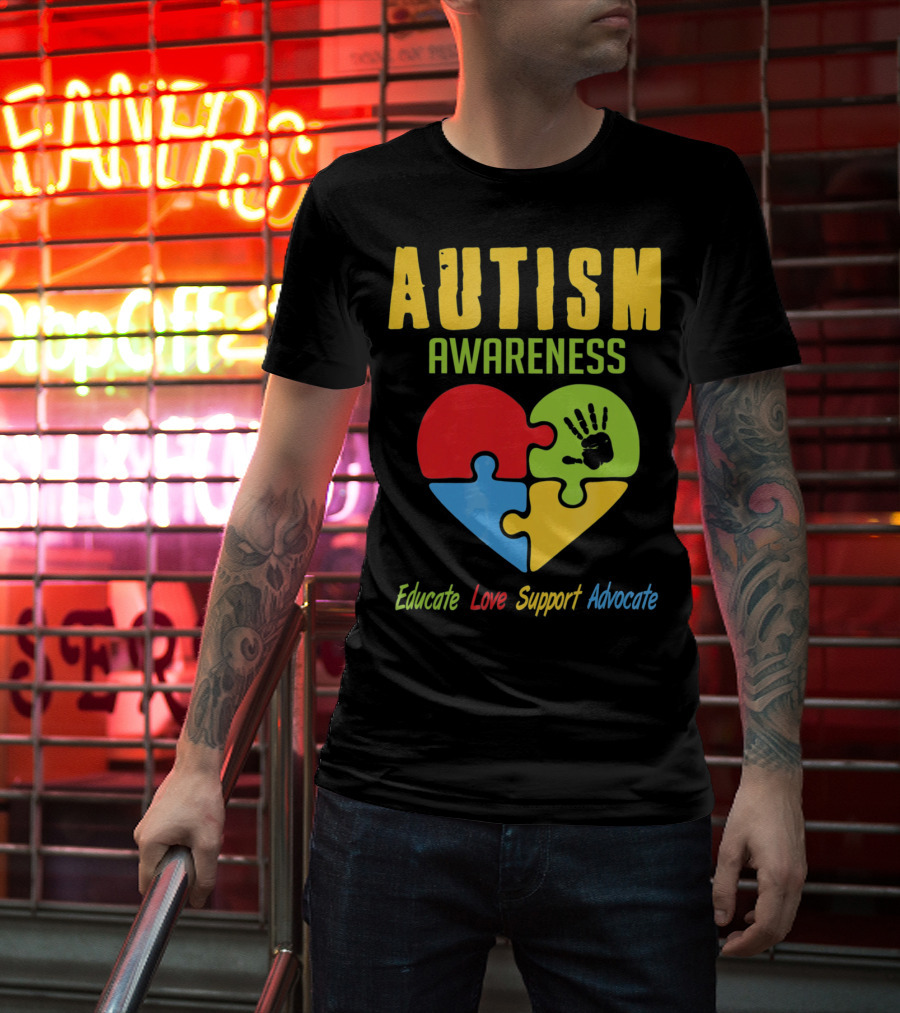 Autism Awareness Advocate Educate Love Support Puzzle Heart Handprint T-Shirt