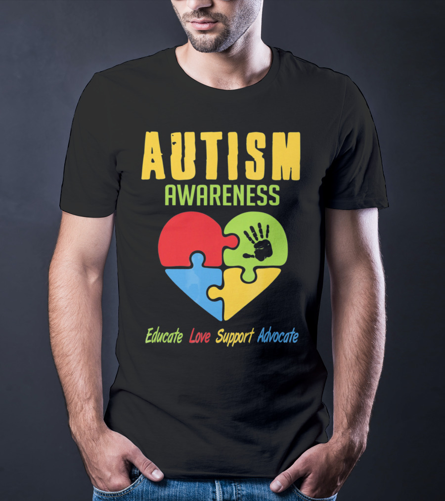 Autism Awareness Advocate Educate Love Support Puzzle Heart Handprint T-Shirt